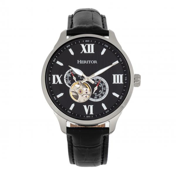 Heritor Automatic Harding Semi-Skeleton Leather-Band Watch - Silver/Black