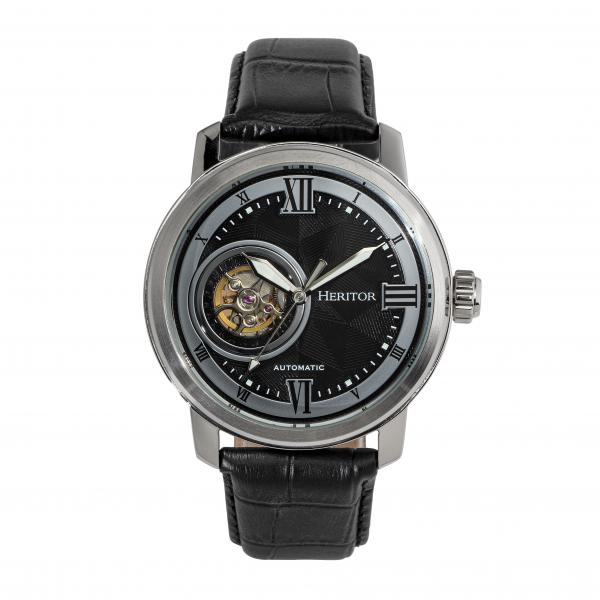 Heritor Automatic Maxim Semi-Skeleton Leather-Band Watch - Silver/Black