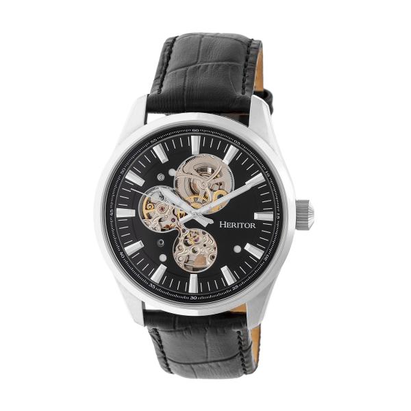Heritor Automatic Stanley Semi-Skeleton Leather-Band Watch - Silver/Black
