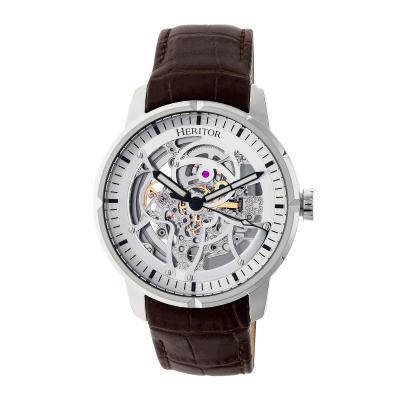 Heritor Automatic Ryder Skeleton Leather-Band Watch - Brown/White