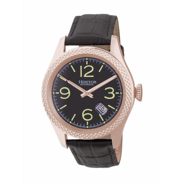 Heritor Automatic Barnes Leather-Band Watch w/Date - Rose Gold/Black