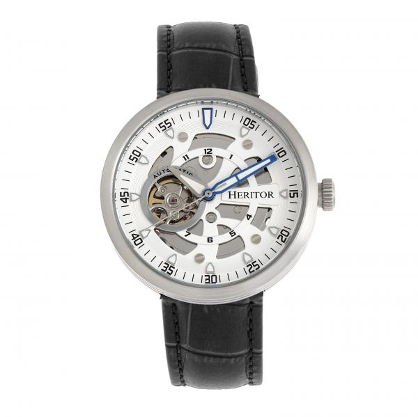 Heritor Automatic Jasper Skeleton Leather-Band Watch - Silver/White