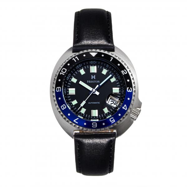 Heritor Automatic Pierce Genuine Leather-Band Watch w/Date - Black/Blue
