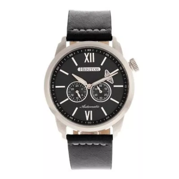 Heritor Automatic Wellington Leather-Band Watch - Silver/Black