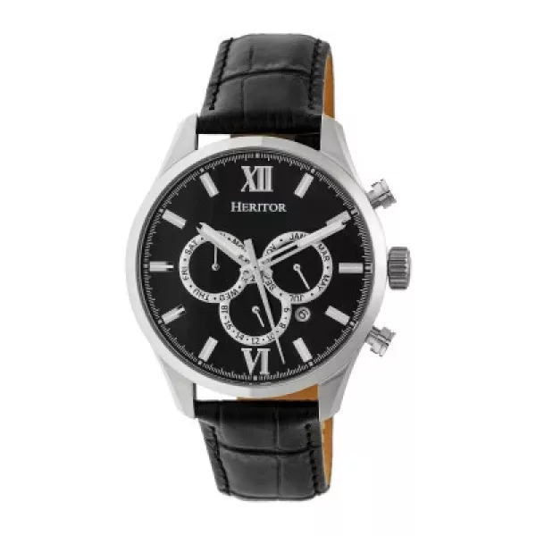 Heritor Automatic Benedict Leather-Band Watch w/ Day/Date - Silver/Black