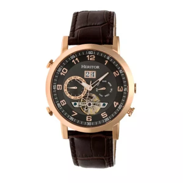 Heritor Automatic Edmond Leather-Band Watch w/Date - Rose Gold/Black