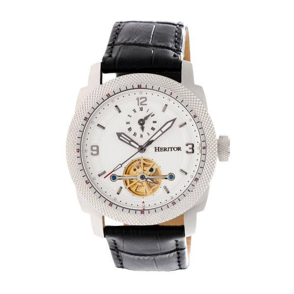 Heritor Automatic Helmsley Semi-Skeleton Leather-Band Watch - Silver/White