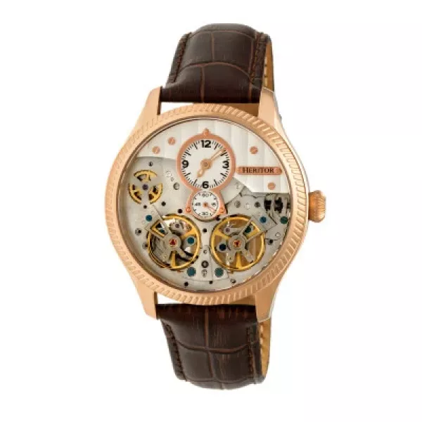 Heritor Automatic Winthrop Leather-Band Skeleton Watch - Rose Gold/Silver