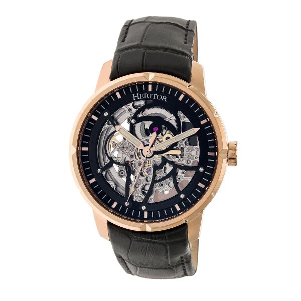 Heritor Automatic Ryder Skeleton Leather-Band Watch - Black/Rose Gold