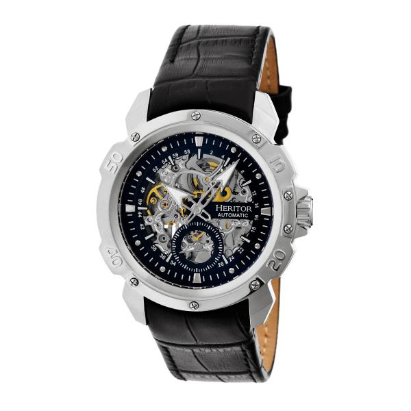 Heritor Automatic Conrad Skeleton Leather-Band Watch - Silver/Black