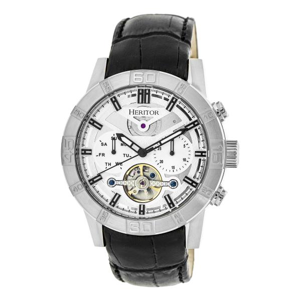 Heritor Automatic Hannibal Semi-Skeleton Leather-Band Watch - Silver