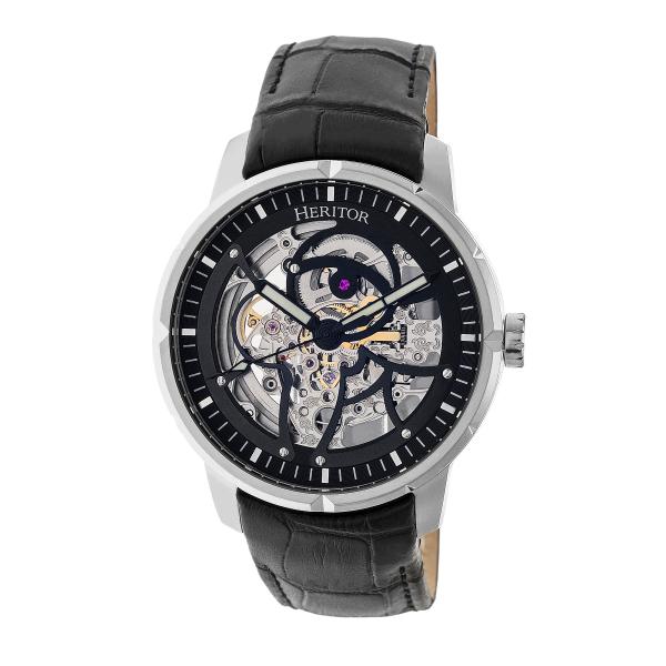 Heritor Automatic Ryder Skeleton Leather-Band Watch - Black