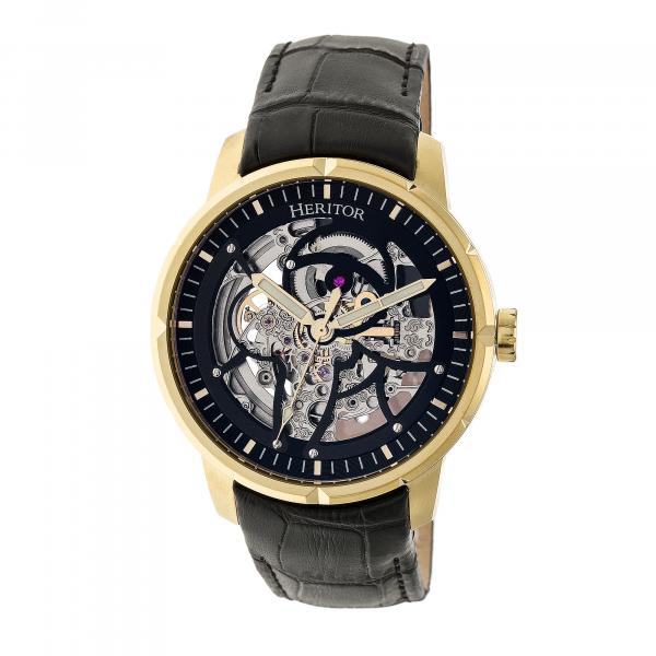 Heritor Automatic Ryder Skeleton Leather-Band Watch - Black/Gold