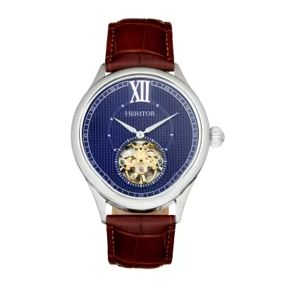 Heritor Automatic Hayward Semi-Skeleton Leather-Band Watch - Silver/Navy