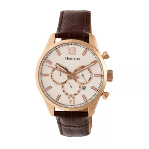 Heritor Automatic Benedict Leather-Band Watch w/ Day/Date - Rose Gold/Silver