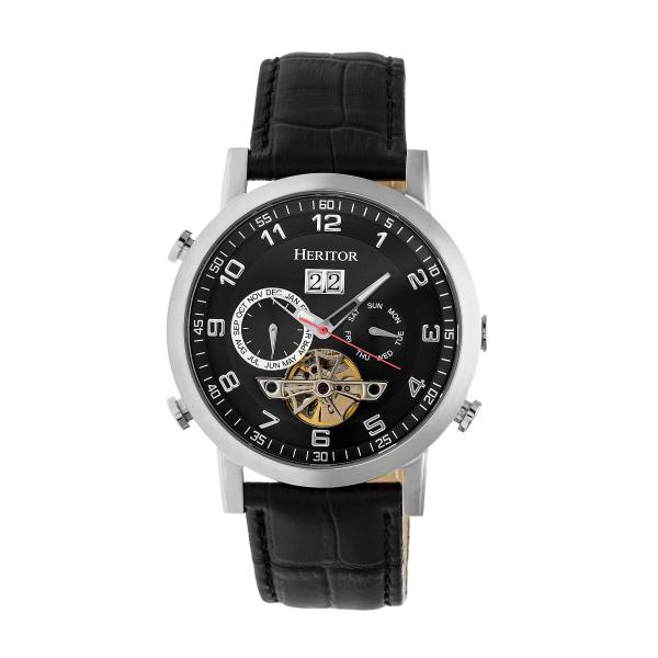 Heritor Automatic Edmond Leather-Band Watch w/Date - Silver/Black