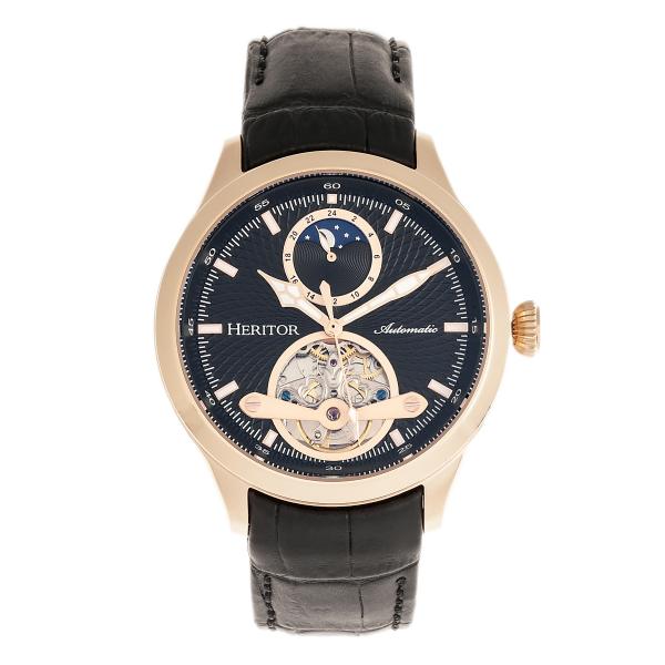 Heritor Automatic Gregory Semi-Skeleton Leather-Band Watch - Rose Gold/Black